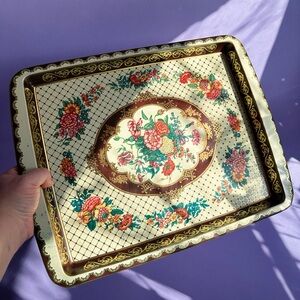 Vintage Daher England Floral Decorative Metal Serving / Rolling Tray - Cream